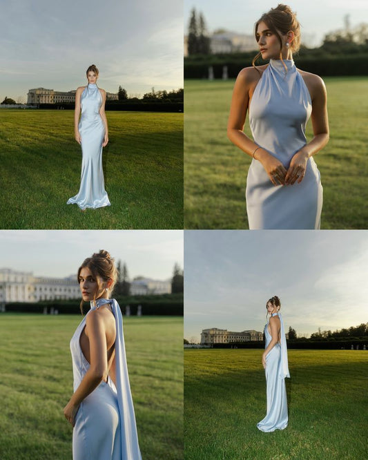 Sexy Mermaid Halter Light Sky Blue Satin With Backless Long Prom Dresses Formal Dress Party 20th Birthday Outfits N429