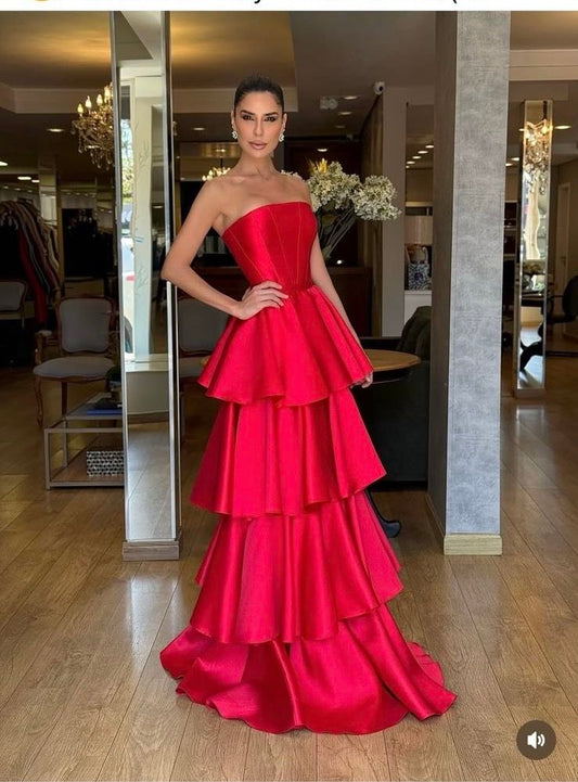 Simple A Line Red Strapless Satin Sleeveless Long Prom Dresses Classy Prom Gowns AB223