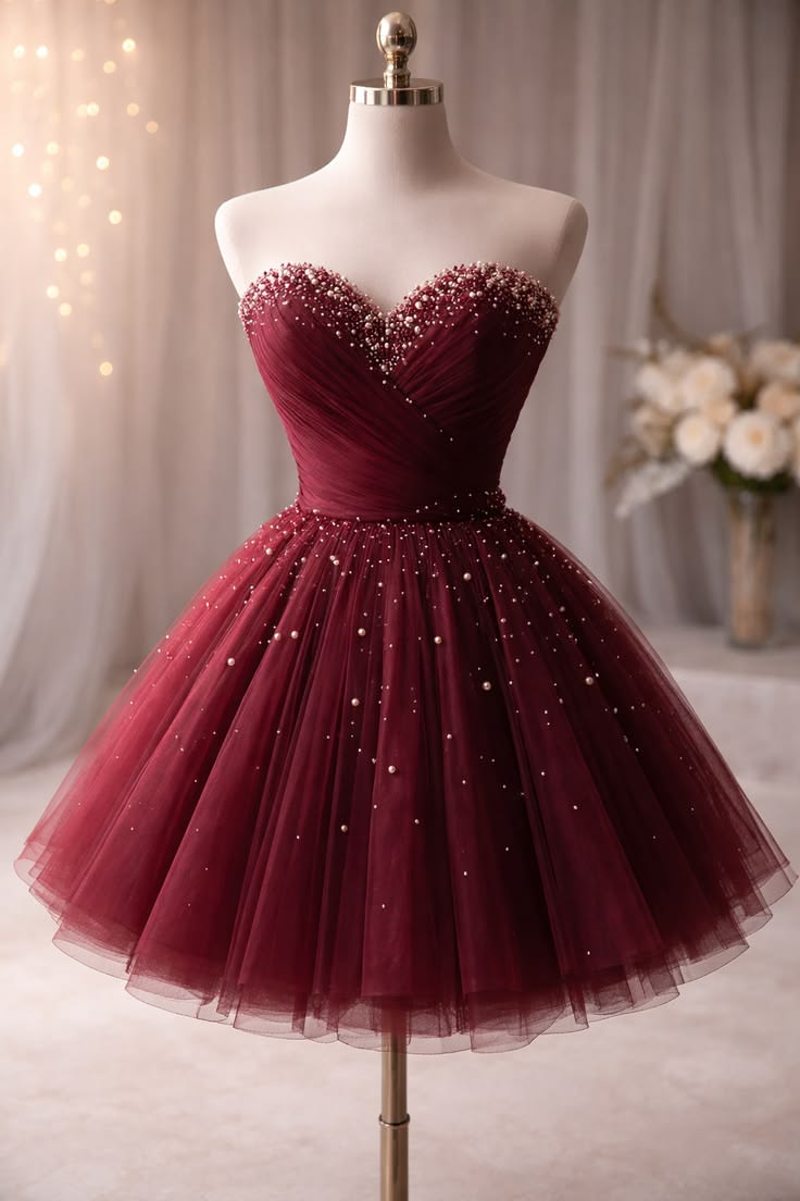 Magical Burgundy Sparkle Tulle Mini Dress Birthday & Prom Inspo Homecoming Dresses Inspo Hoco Outfits RB8731