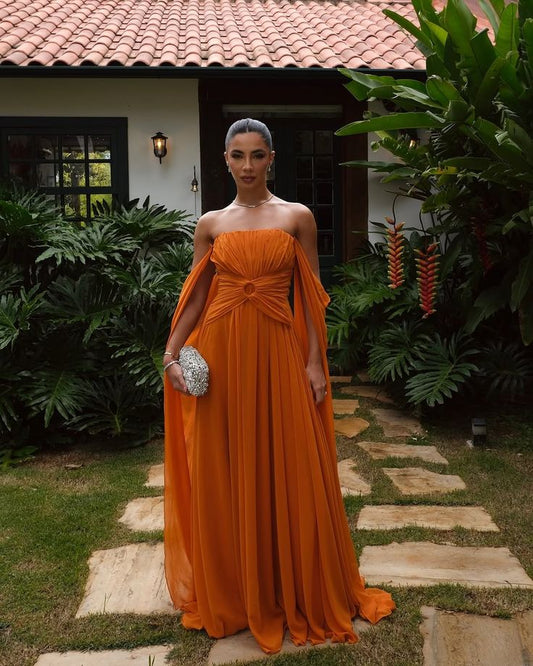 Customized Orange Off Shoulder Shawl Prom Dresses vestidos de noiva Draped Strapless Party Gowns AB421