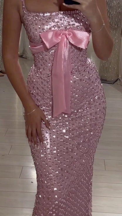 New Arrive Elegant Pink Sequin Long Party Dress Prom Dresses Mermaid Bodycon For Women N4079