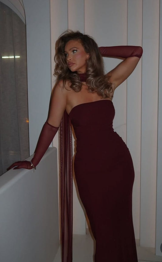 Modest Mermaid Strapless Burgundy Satin With Scarf Prom Dresses Long Birthday Party Dress Evening Dresses N430