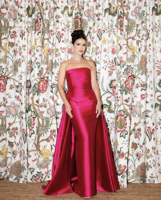 Elegant Sheath Prom Dresses Satin Pleated Ruffle Strapless Hot Pink Formal Evening Dress Party Gowns AB415