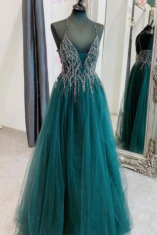 Classy Ball Gown Silver Beaded Halter Green Tulle Prom Dress Aesthetic For Teens Formal Dress Party Outfits Prom Gowns AB1062