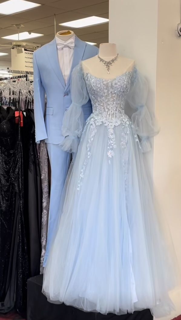 Modest A Line Sweetheart Light Sky Blue Tulle With Sleeves Long Prom Dresses Senior Graduation Dance Evening Outfits N431