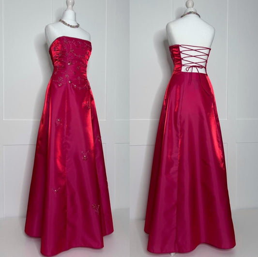 Vintage A Line Strapless Hot Pink Satin With Beaded Appliques Formal Gowns Evening Maxi Dress Prom Dress Aesthetic For Women Party Outfits AB1203