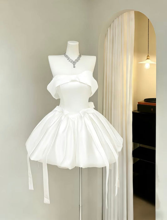 Cute Ball Gown Off The Shoulder White Satin For Teens Girls Mini Senior Inspo Short Birthday Outfits Homecoming Dress RB3033