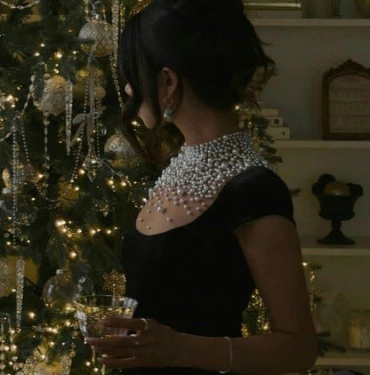 Black Velvet Evening Dress With Pearl Embellishments Party Dress Birthday Prom Dress AB1634