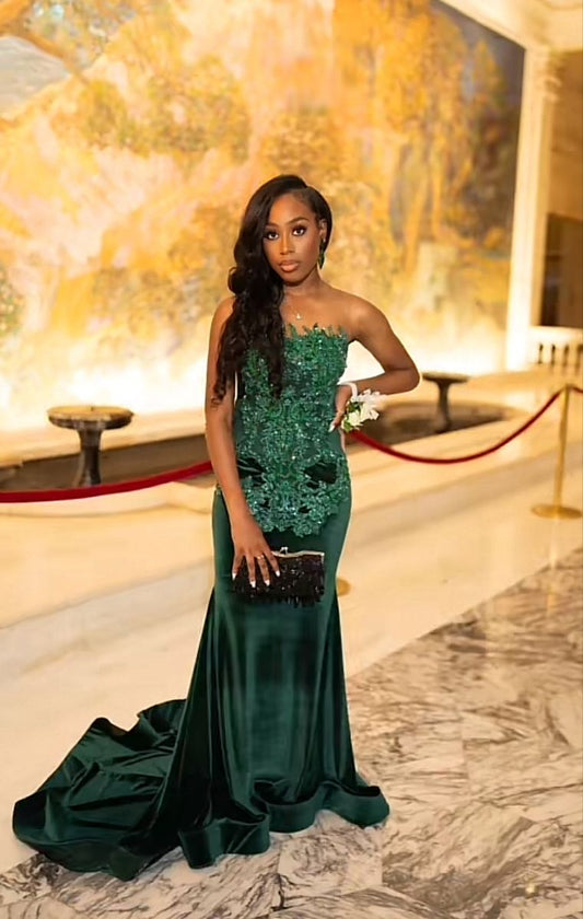 Flattering Mermaid Strapless Black Girls Velvet Dark Green With Lace Bodice Prom Dresses Long Birthday Party Dress Evening Dresses N436