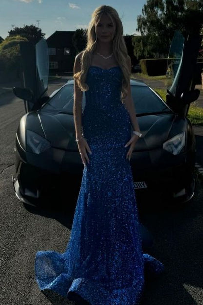 Shiny Royal Blue Mermaid Spaghetti Straps Long Beaded Prom Dress Party Gowns RB1671