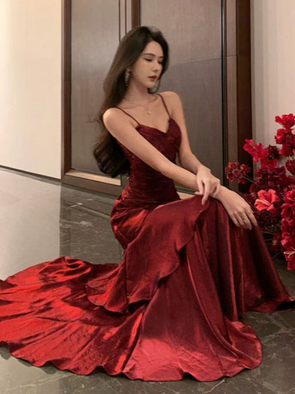 Stunning Mermaid Spaghetti Straps Burgundy Satin Long Prom Dresses Inspiration Prom Gowns RB1331
