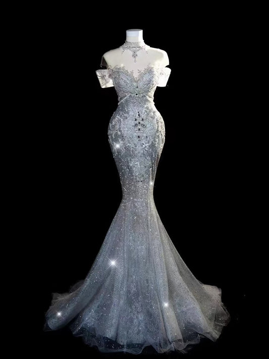 Princess Long Wedding Gowns Mermaid Off The Shoulder White Sequins For Bride With Sleeves Train Bridal Dresses AB2188
