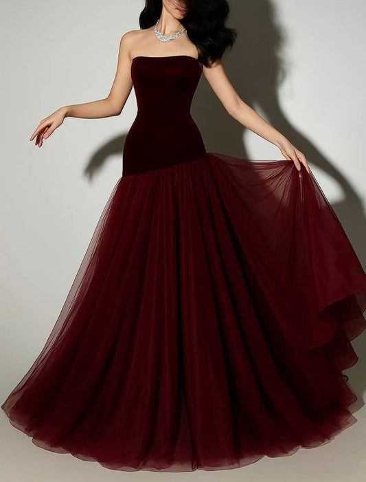 Vintage Mermaid Strapless Burgundy Tulle Long Prom Dresses For Teens Formal Dress 20th Birthday Outfits Prom Gown RB1628