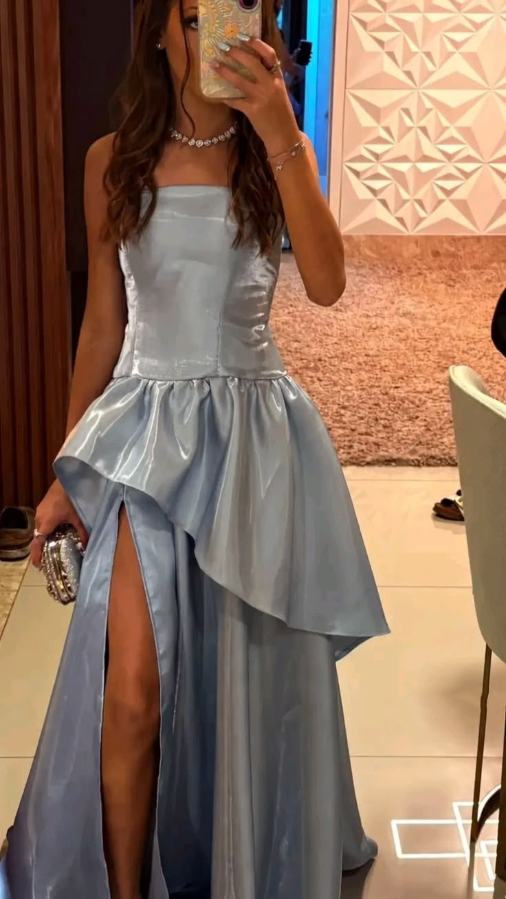 New Women’s Long Prom Dress A Line Spaghetti Straps Blue Satin Elegant Formal Graduation Party Gown RB9502