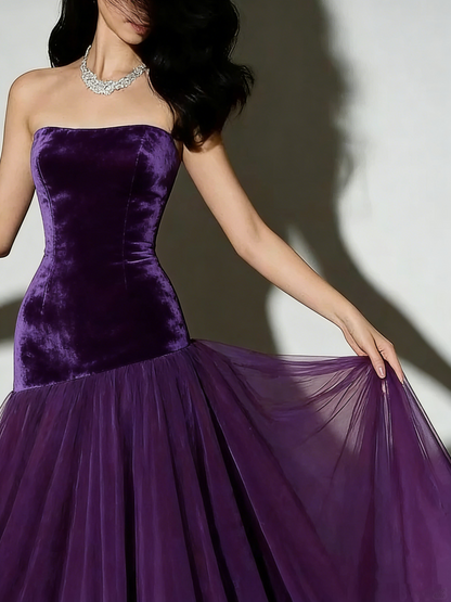 Vintage Mermaid Strapless Burgundy Tulle Long Prom Dresses For Teens Formal Dress 20th Birthday Outfits Prom Gown RB1628