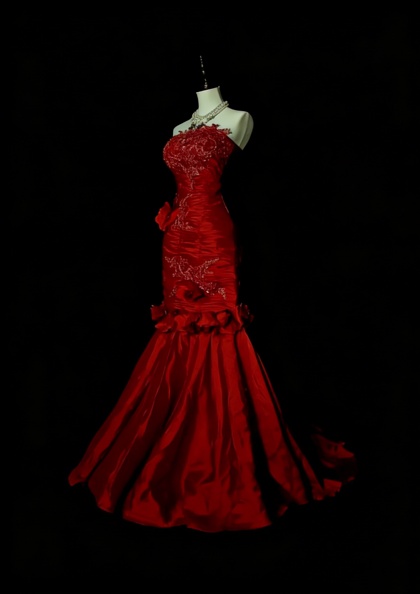 Vintage Mermaid Strapless Red Tulle Appliques Sleeveless 80s Sleeveless Prom Dresses Long Formal Party Gown N1440