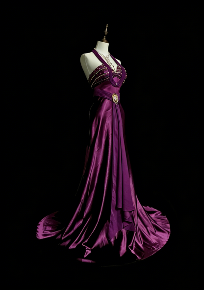 Retro Mermaid Halter Purple Satin With Beaded Sleeveless 70s Prom Dresses Long Formal Party Gowns N1494