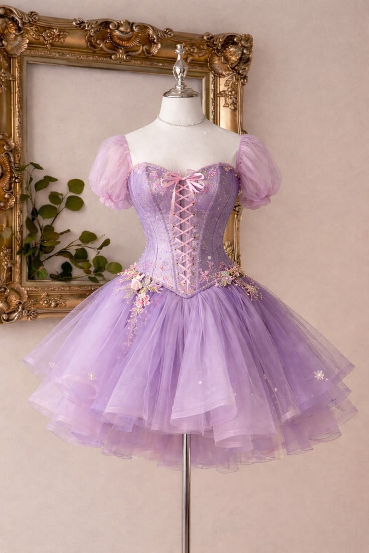 Aesthetic Ball Gown Sweetheart Lilac Tulle With Sleeves 18th Birthday Outfit Ideas Inspo Short Hoco Gown Homecoming Dresses RB3141