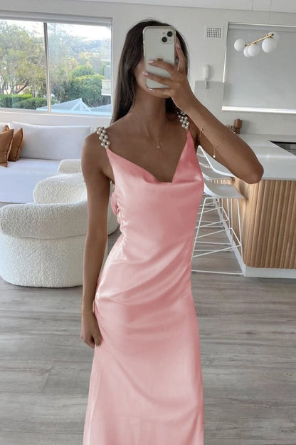 Sheath Spaghetti Straps Satin Long Prom Dresses With Pearls For Women AB1549