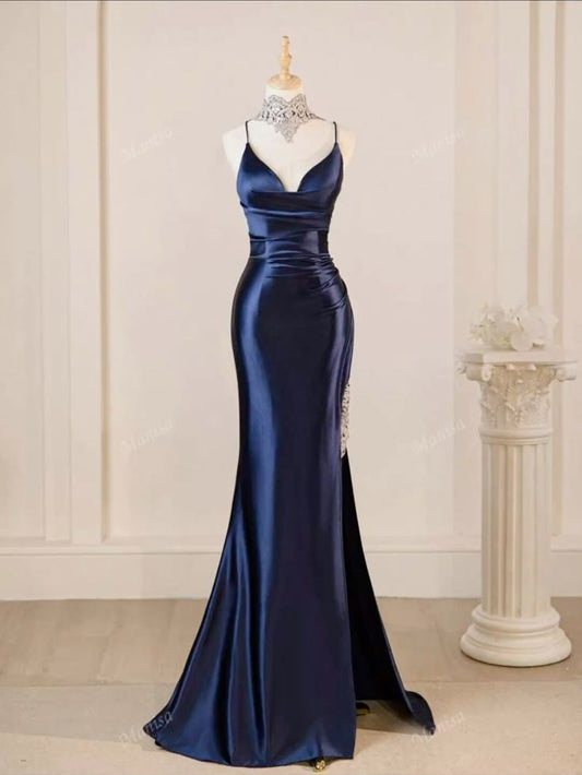 Women Royal Blue Prom Dress with Corset Satin Spaghetti Straps Party Dress with Slit Vestidos De Dia Evening Gown AB488