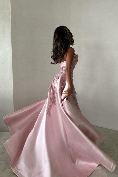 Women Elegant Pink A-Line Strapless Satin Party Dress with Appliques and Detachable Train Evening Gowns AB498