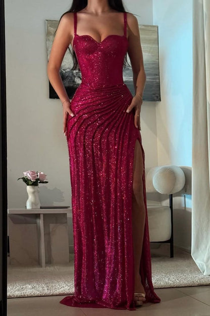 Hot Pink Glitter Bodycon Prom Dresses 2026 with Sweetheart Neck Spaghetti Straps Ruched Side Slit Vestidos Evening Gowns AB494