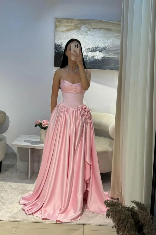 Gorgeous Baby Pink Sweetheart Satin Prom Dresses Sleeveless High Slit Gem With Pleats Vestidos De Dia AB503