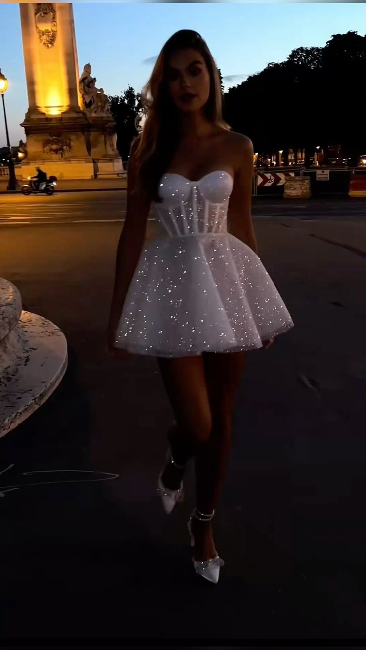 Glitter Ball Gown Sweetheart White Sequin Mini Short Hoco Party Birthday Dress Ideas Homecoming Dresses RB4088