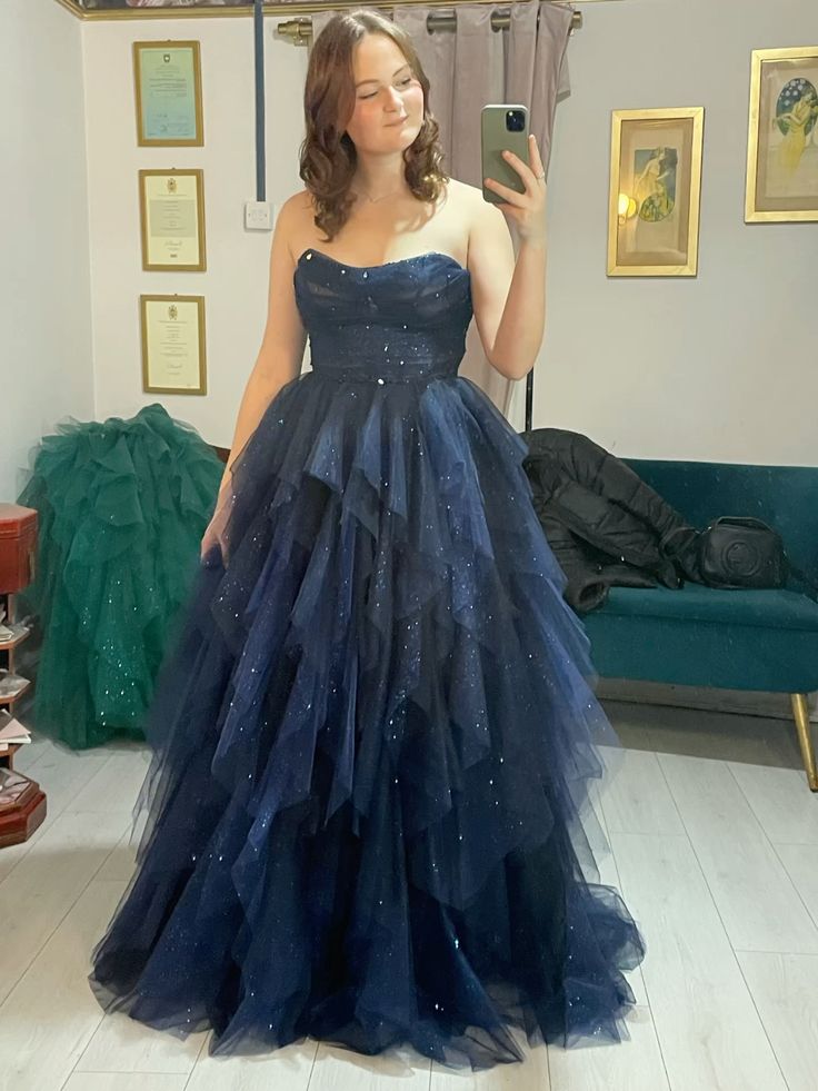 Ball Gown Strapless Marine Ball Dresses Floor Length Formal Gowns Navy Blue Tulle Prom Dresses Evening Dress AB732