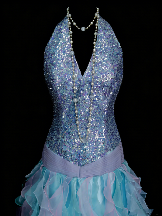 Cute Ball Gown Halter Blue With Tiered Layers Ruffles Long Party Gowns Prom Dresses N2143