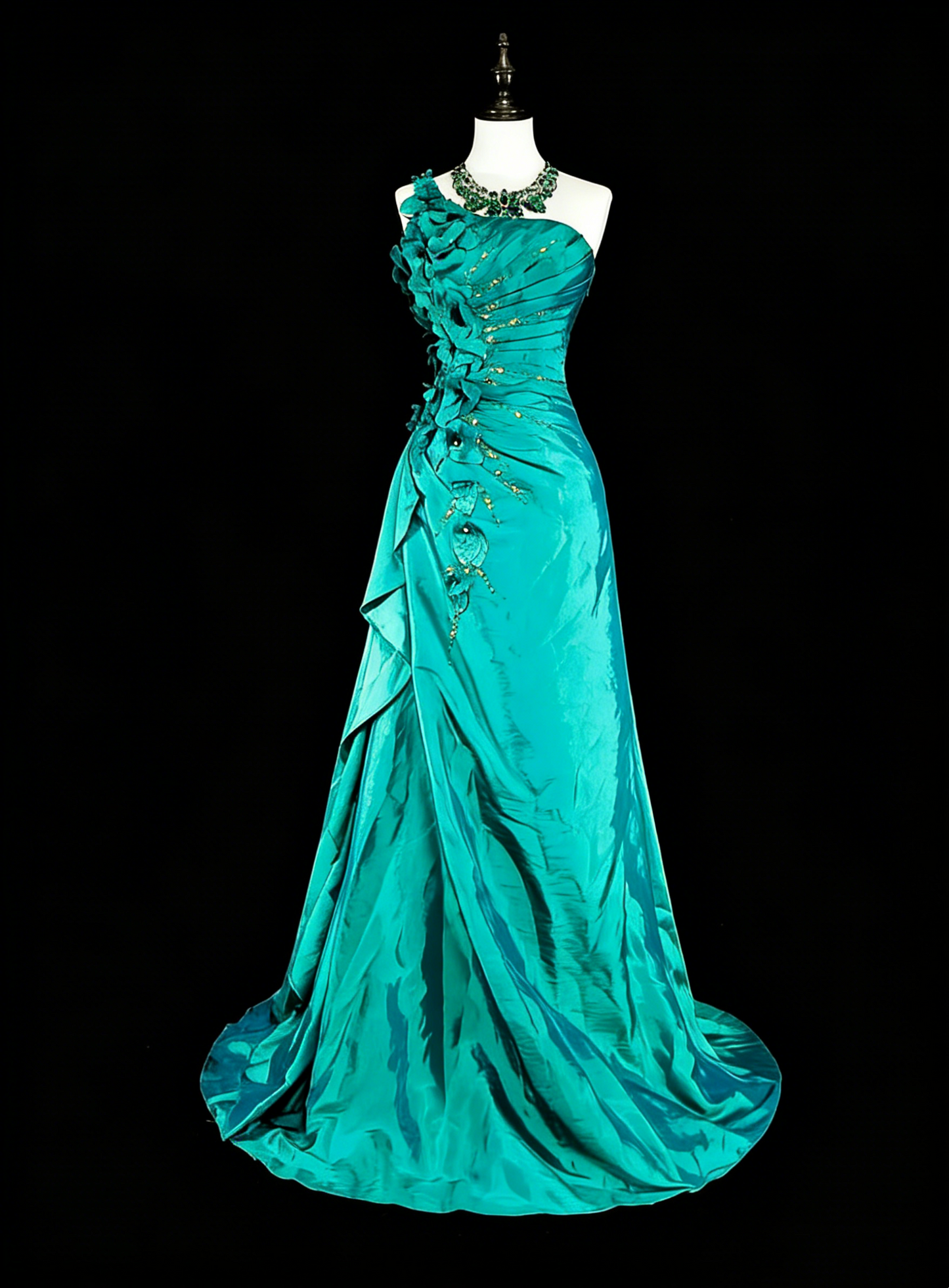 Vintage Mermaid One Shoulder Green 70s With Pleated Beads Long Prom Gown Party Wear Dresses N1838