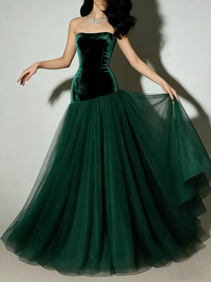 Vintage Mermaid Strapless Burgundy Tulle Long Prom Dresses For Teens Formal Dress 20th Birthday Outfits Prom Gown RB1628