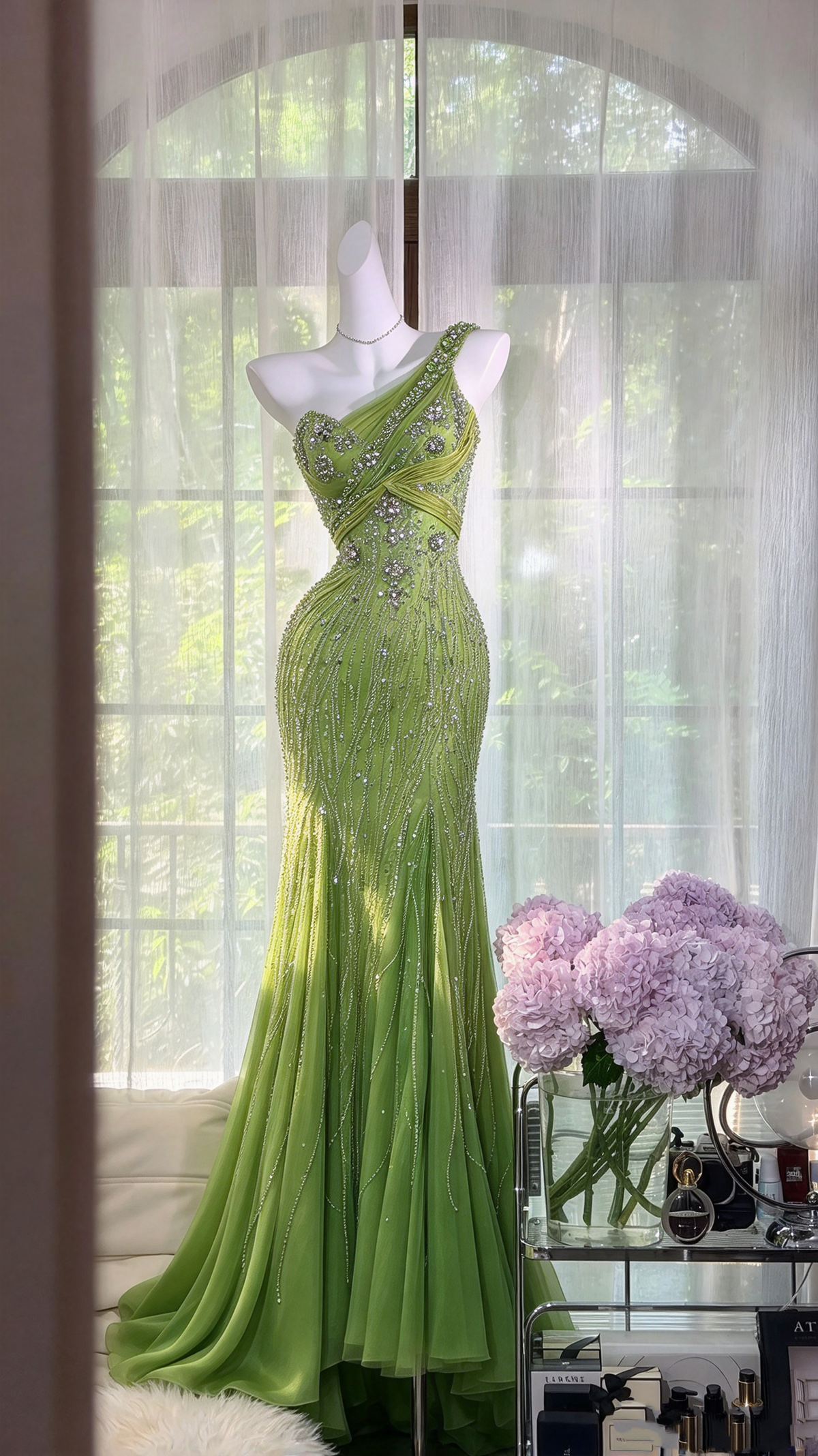 Shinning Prom Dresses Mermaid One Shoulder Tulle Green With Beading Long Formal Dress RC1276