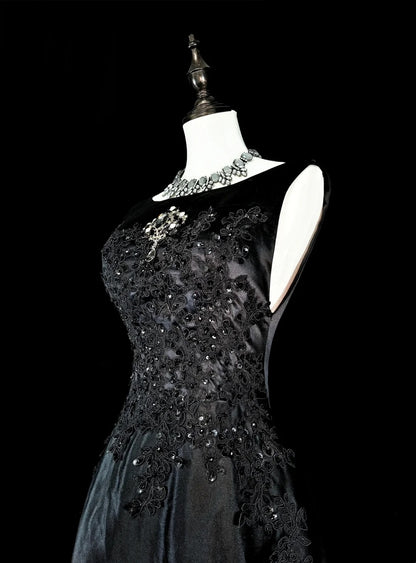 Vintage Prom Dresses Aesthetic A line Scoop Black Tulle With Appliques Long Formal Dress N2158
