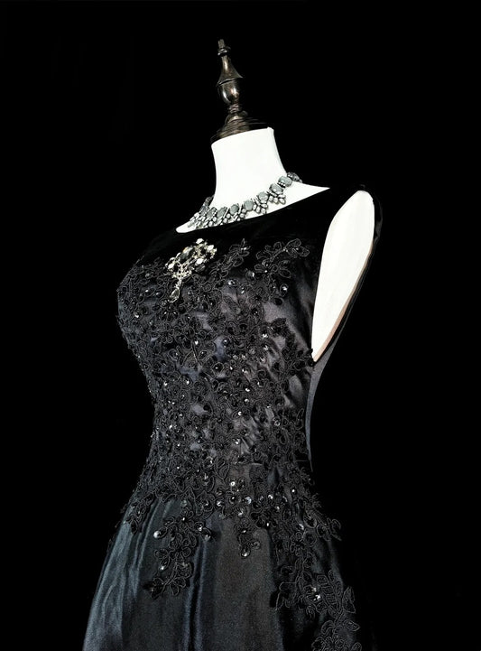 Vintage Prom Dresses Aesthetic A line Scoop Black Tulle With Appliques Long Formal Dress N2158