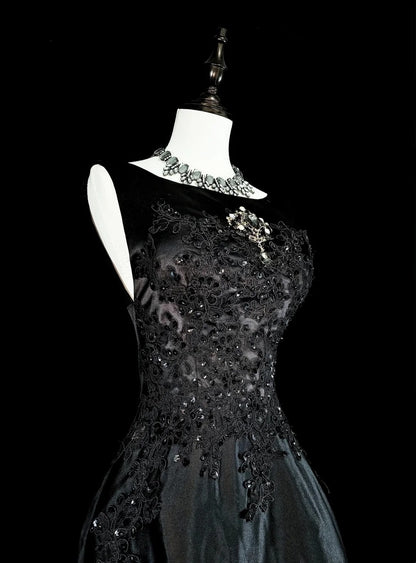 Vintage Prom Dresses Aesthetic A line Scoop Black Tulle With Appliques Long Formal Dress N2158