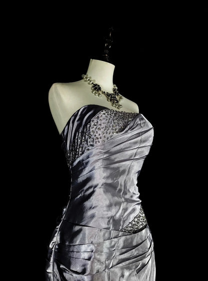Vintage Prom Dresses Aesthetic Mermaid Strapless Silver Grey Taffeta Classic Inspo Party Dress N2001