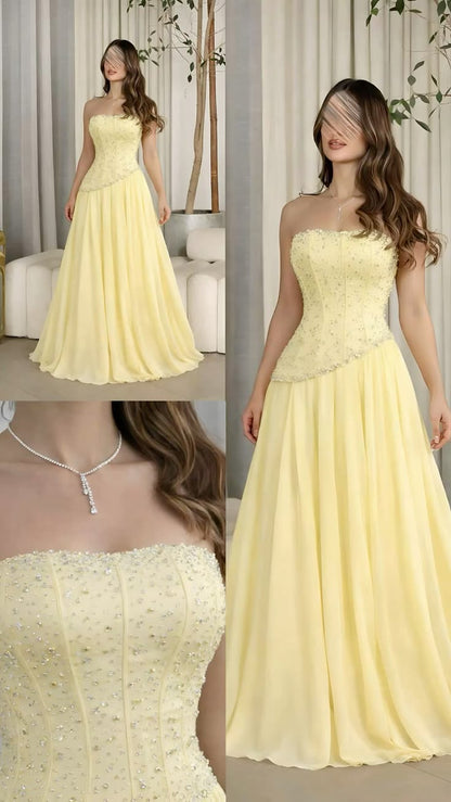 Dreamy A Line Strapless Yellow Chiffon Perfection-Formal Goals With Beading Long Prom Dress Evening Party Formal Outfits RB6698