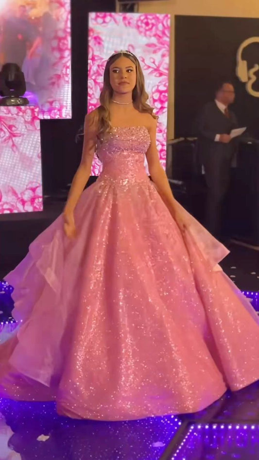 Modest Ball Gown Strapless With Beads Pink Prom Dresses Long Sweet 16 Birthday Party Dress Evening Dresses AB1128