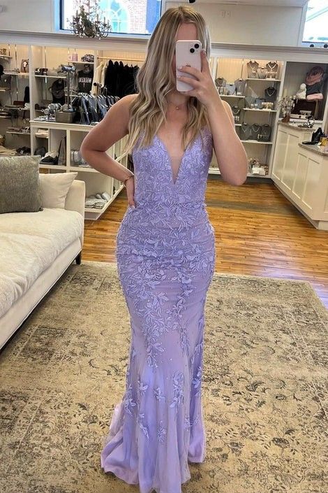 Modest Mermaid V Neck Lilac Lace Prom Dresses Inspo For Teens Formal Dress Party Outfits Prom Gowns AB070