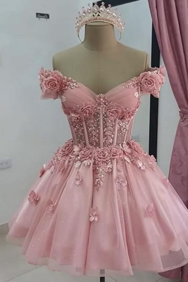 Sparkly Off-Shoulder Tulle Homecoming Dress with 3D Flowers & Corset Party Dresses RB6784