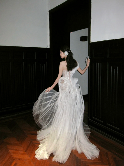Princess Wedding Dresses Mermaid One Shoulder Lace Tulle White Brides Dress For Brides Fitted Long Bridal Gowns AB2408