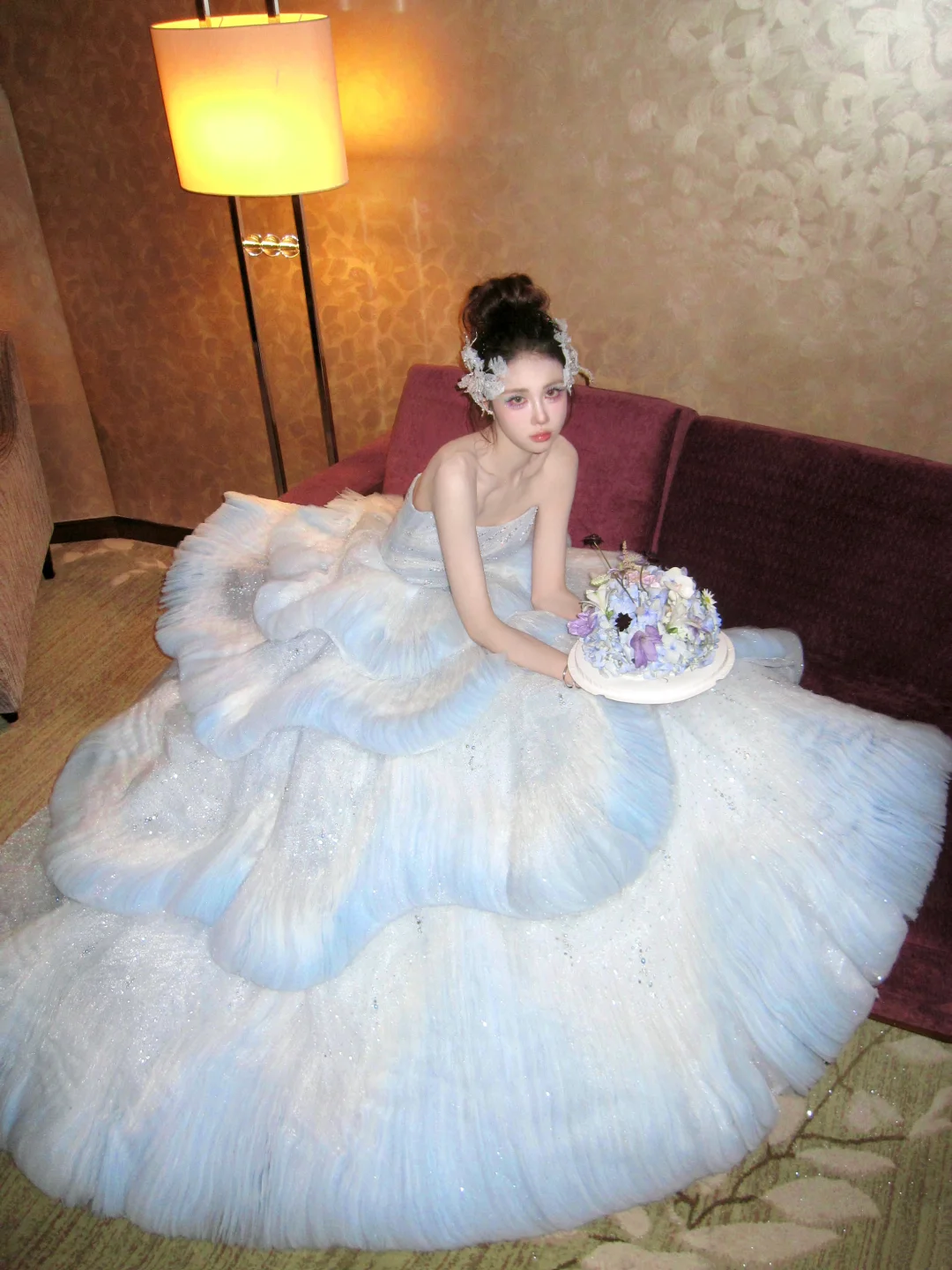 Princess Wedding Dresses Ball Gown Strapless Light Blue Tulle Pleated Brides Dress Style For Brides Fitted Long Bridal Gowns AB2404