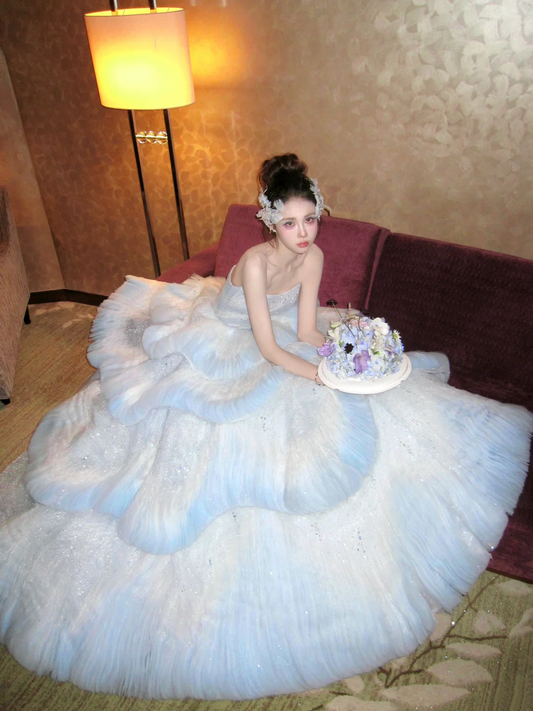 Princess Wedding Dresses Ball Gown Strapless Light Blue Tulle Pleated Brides Dress Style For Brides Fitted Long Bridal Gowns AB2404