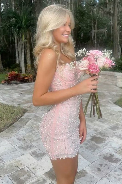 Stunning Pink Straps Sequins With Pearls Tight Homecoming Dress Cocktail Dresses N4730