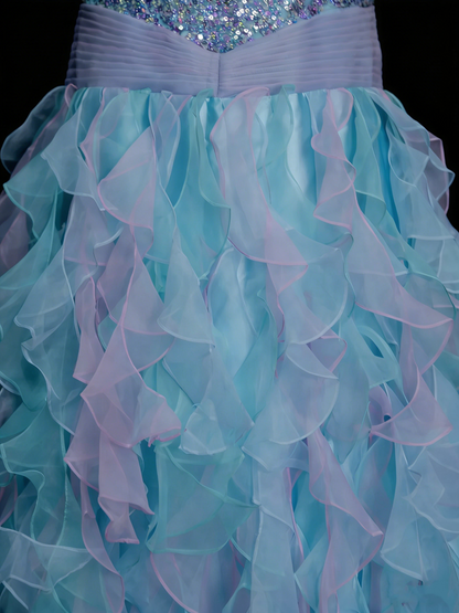 Cute Ball Gown Halter Blue With Tiered Layers Ruffles Long Party Gowns Prom Dresses N2143