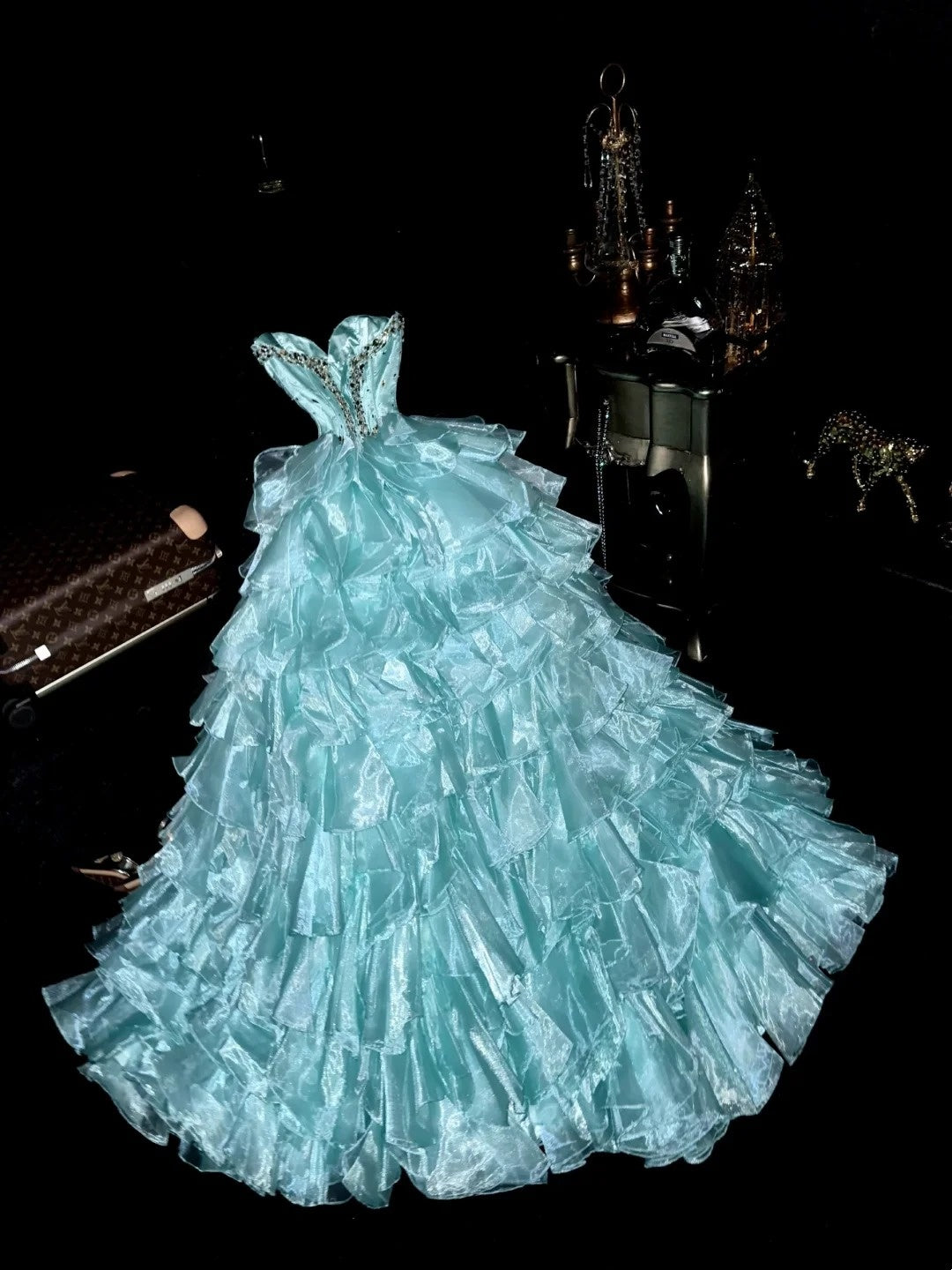 Glamorous Ball Gown Sweetheart Blue Organza School Dances With Beading Prom Dresses 8th Grade Formal Outfits Evening Dress RB8408