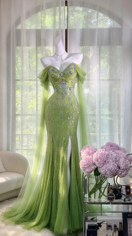 Prom Dresses Inspiration Mermaid Off Shoulder Tulle Green With Silver Beading Long Formal Party Gown 8th Grade Dress RC1277