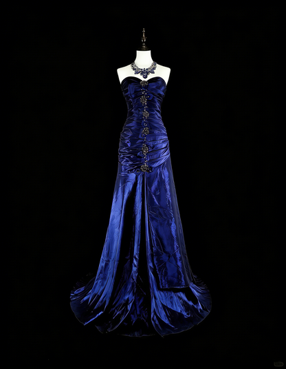 Vintage 1760s Mermaid Sweetheart Royal Blue With Satin Pleated Long Prom Dresses N1605