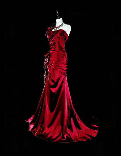 Vintage Prom Dresses Mermaid One Shoulder Dark Burgundy Satin With Beading 1990s Long Formal Gown N2710